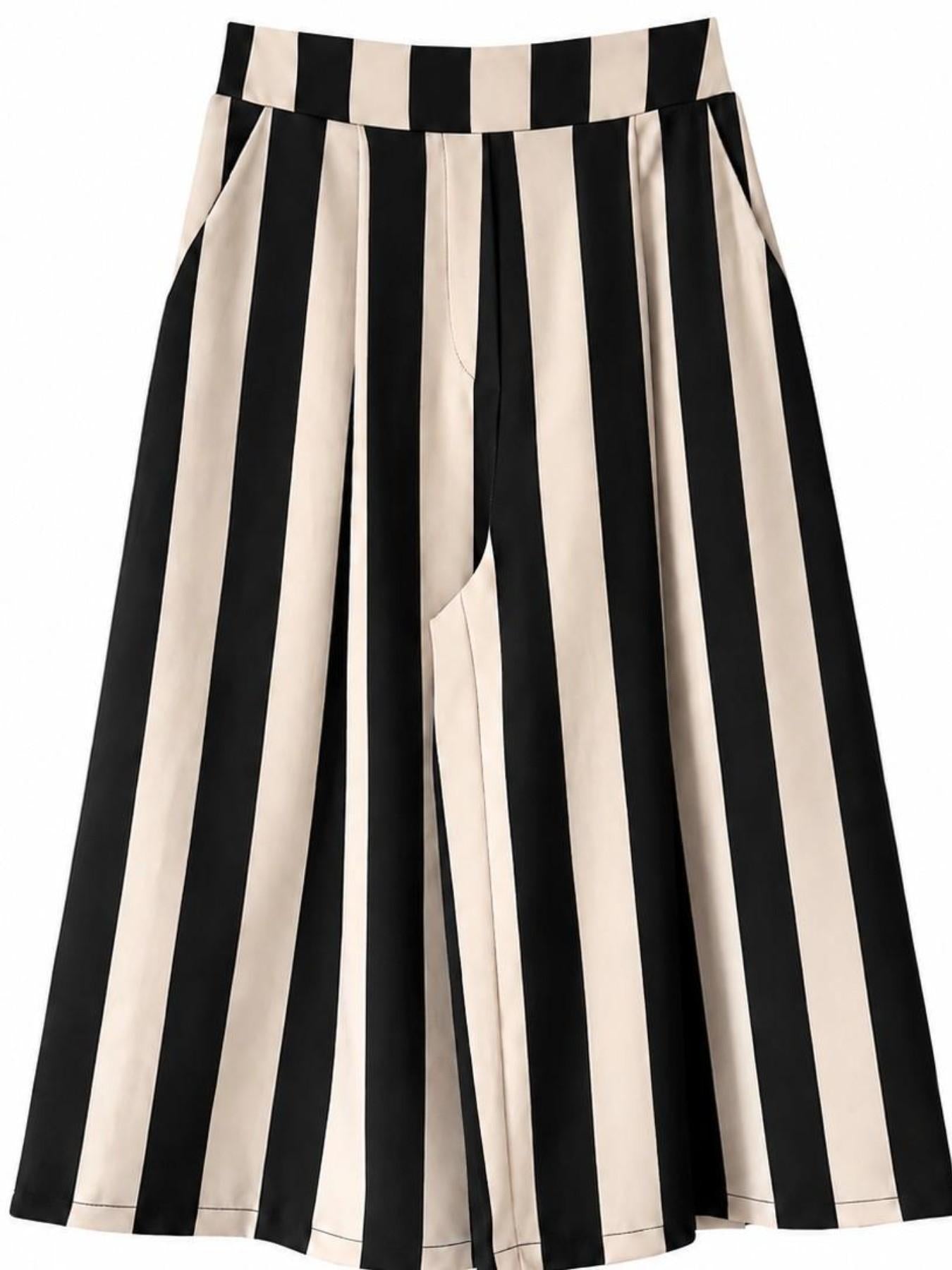 URBANREVERSE Women's Striped Wide Leg Pants, High Waist Nine Inch Pants, Loose Fit Slimming Wide Leg Skirt Pants, Elastic Waist Casual Fashion Summer Wear, Made in Italy