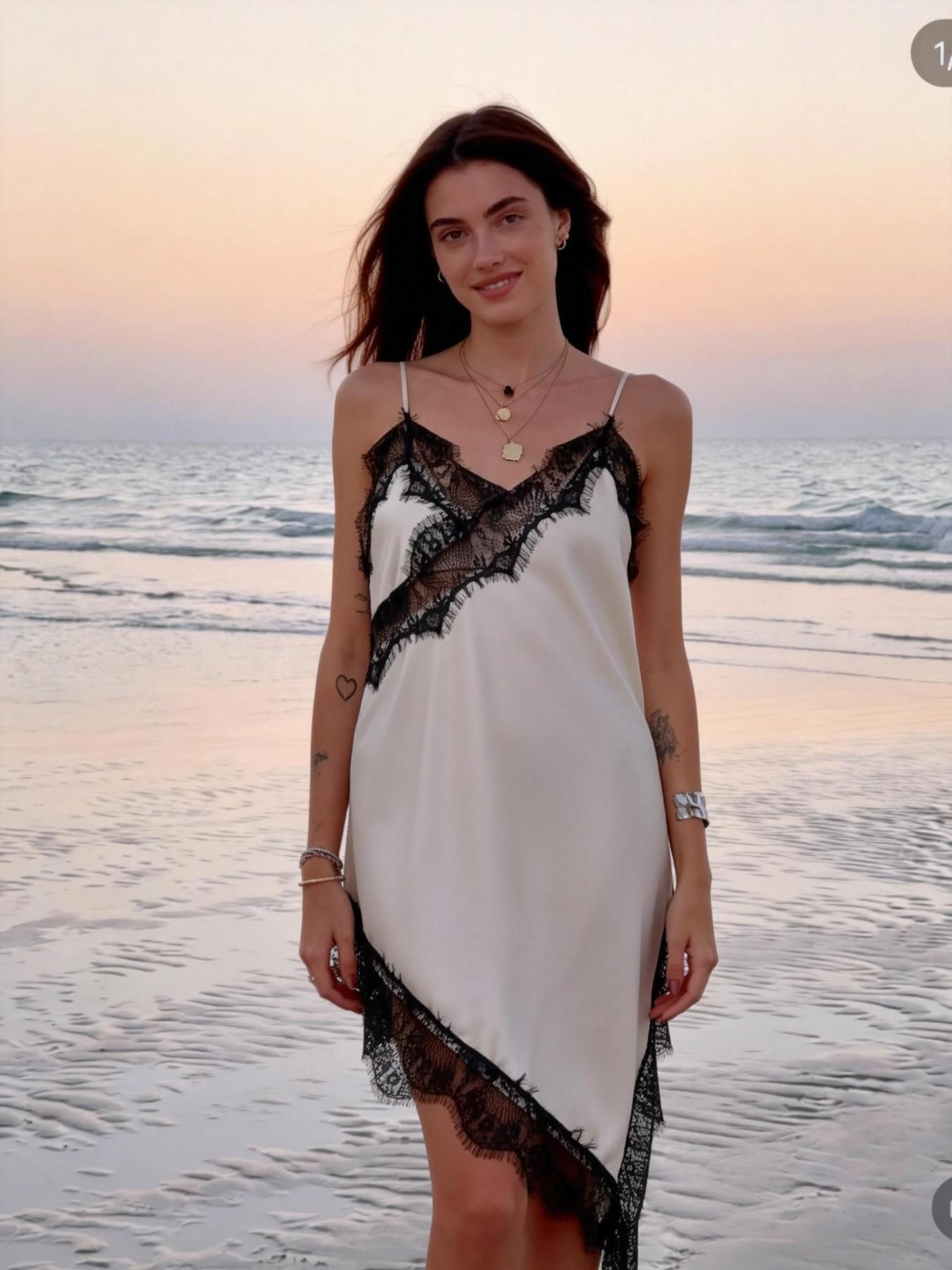 URBANREVERSE Lace Asymmetric Slip Dress Women Satin Night Dress Spaghetti Strap Lace Trim Dress Elegant Sexy Lingerie Style Mini Dress Party Club Outfit Chic Soft Fabric Summer Dress Made in Italy