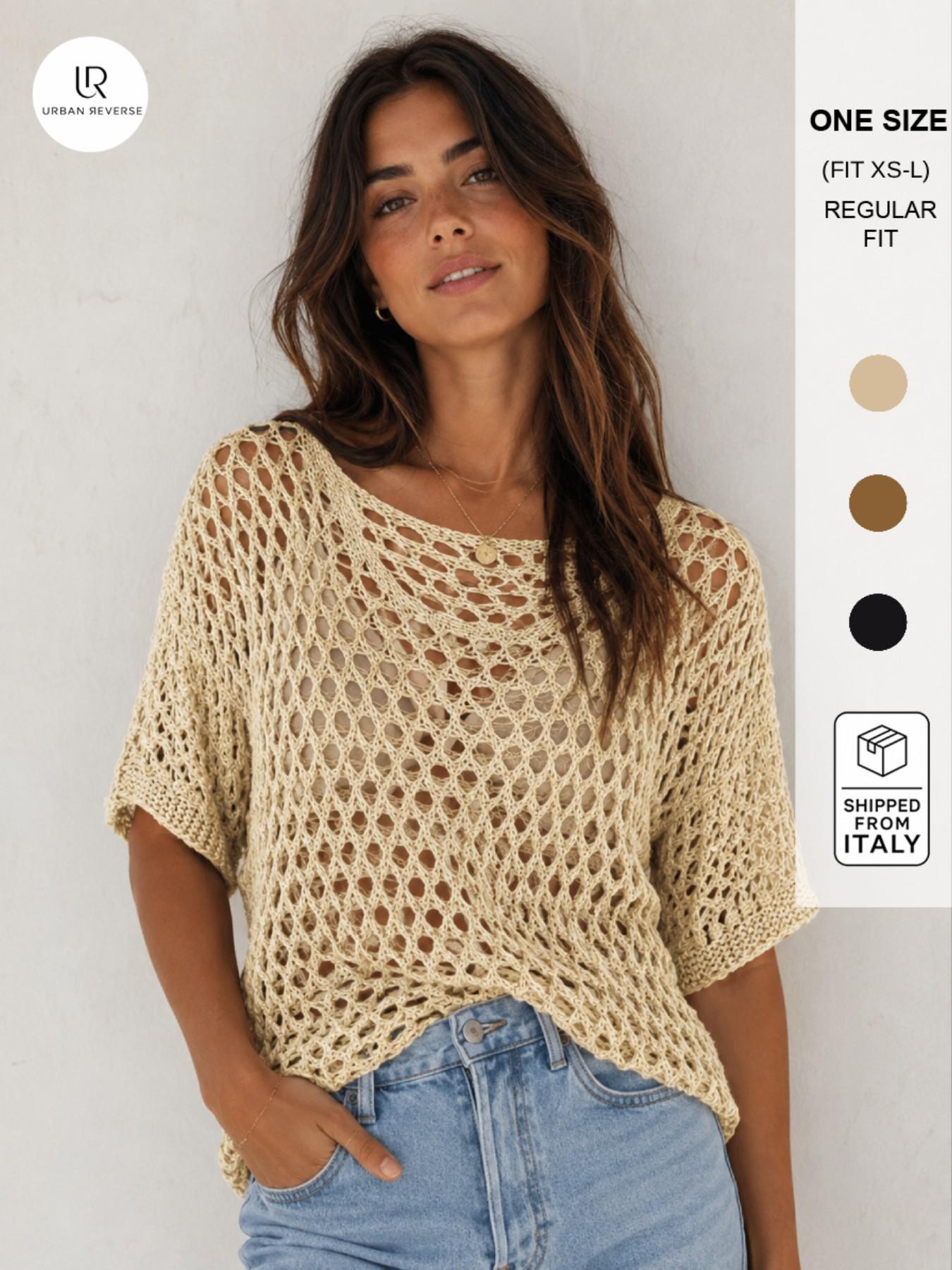 URBANREVERSE Women’s Metallic Crochet Knit Top Openwork Lurex Sweater Lightweight Beach Cover Up Relaxed Fit Summer Knitwear Casual Chic Shimmer Pullover Made in Italy