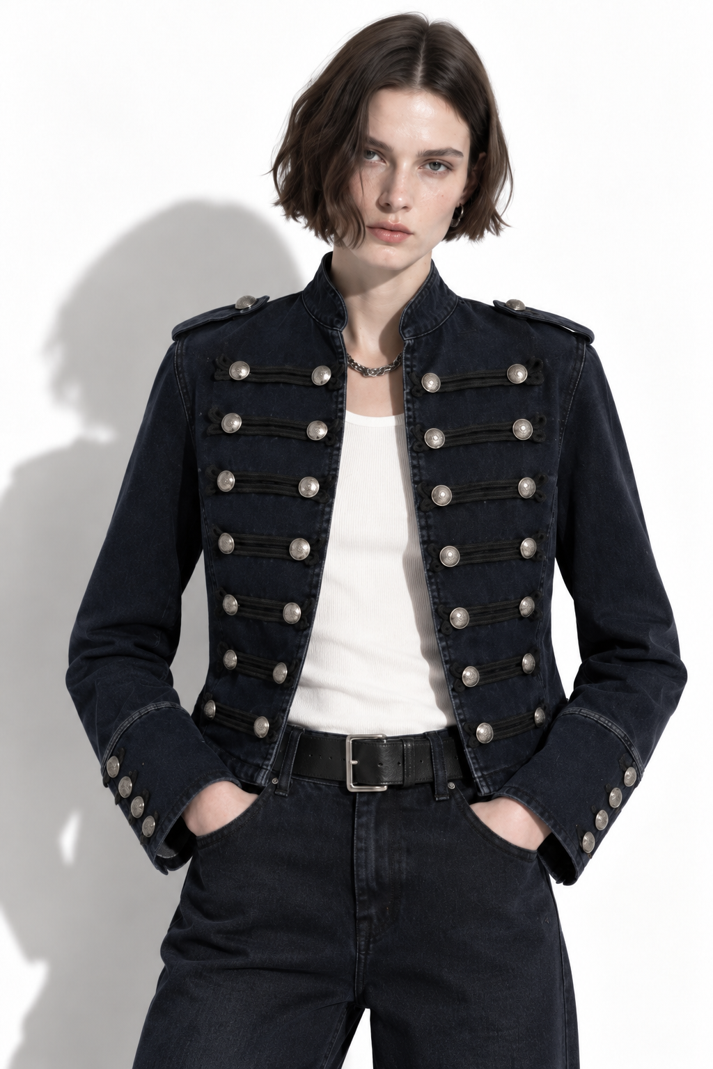 Giacca in Denim Lavato con Collo Alto e Bottoni | Stile Casual
