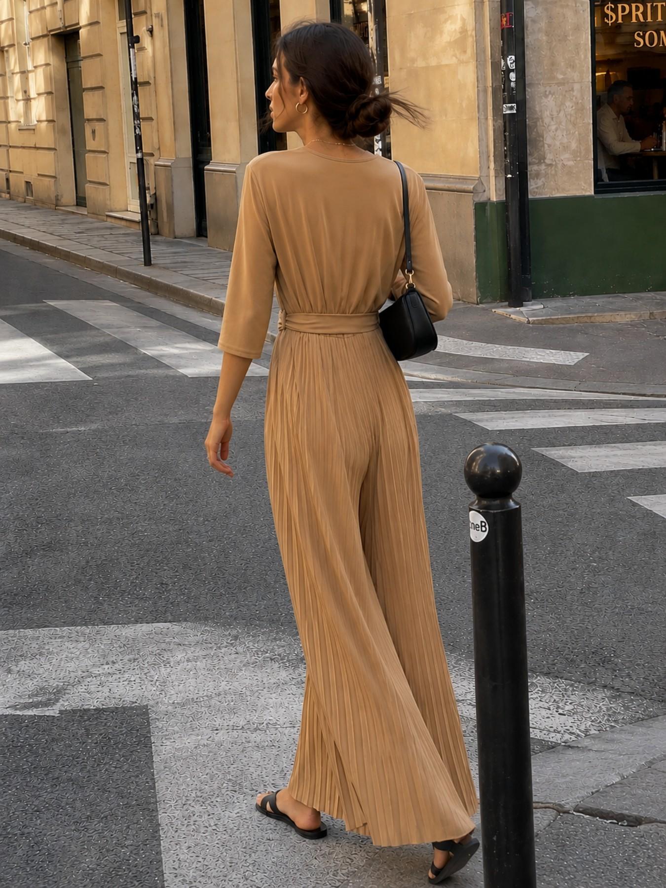 URBANREVERSE Women’s Pleated Wide Leg Jumpsuit Deep V Neck Long Sleeve Elegant Jumpsuit Minimal Luxury Flowing Palazzo Pants Belted Waist Evening Chic Formal Occasion Sophisticated Stretch Comfort Party Outfit Spring Fashion Made in Italy