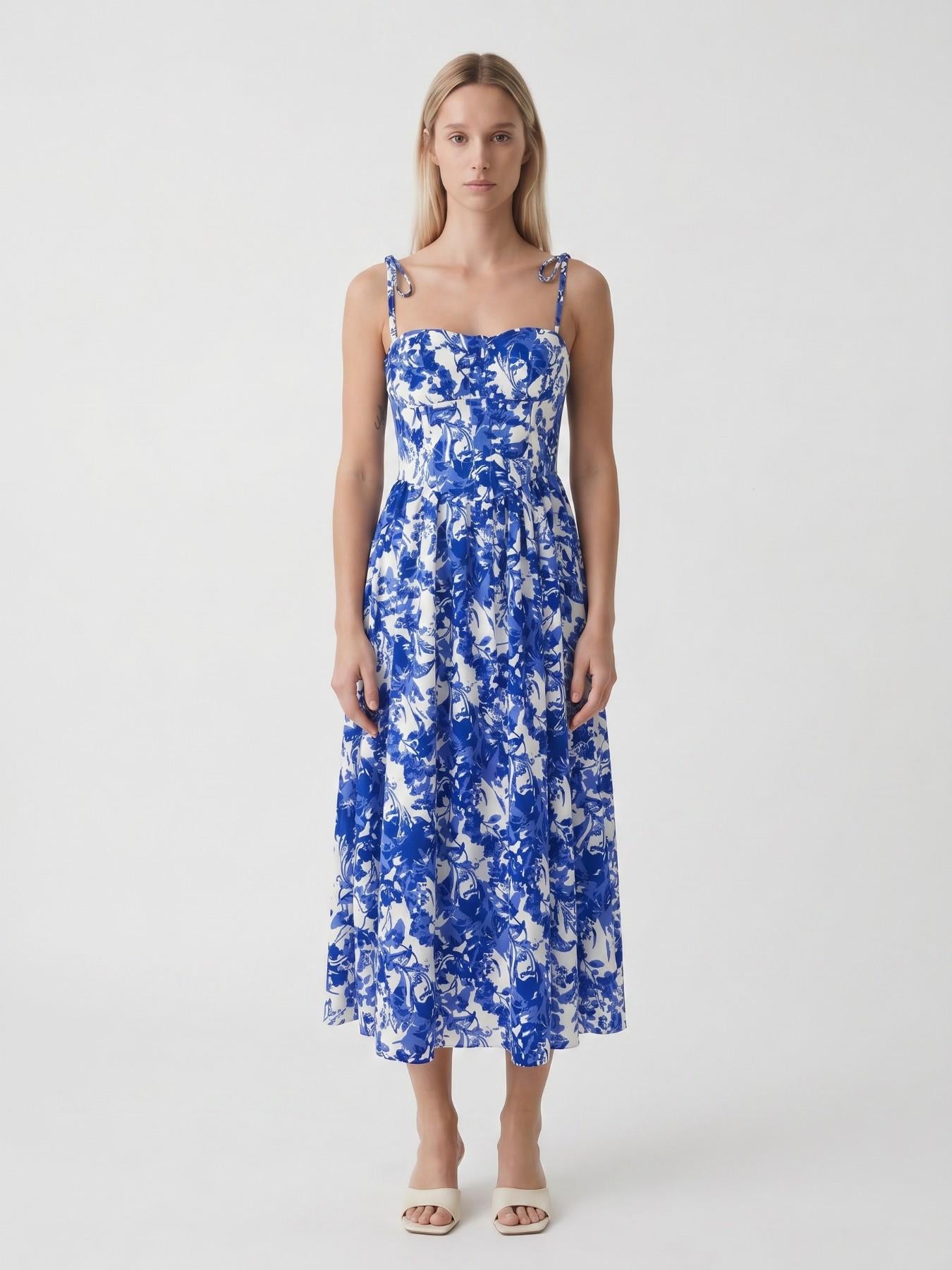 URBANREVERSE Midi Dress Floral Dress Women Summer Dress Strap Dress A Line Dress Flowy Dress Elegant Dress Casual Chic Outfit Beach Dress Holiday Style Fashion Trend Spring Summer Made in Italy