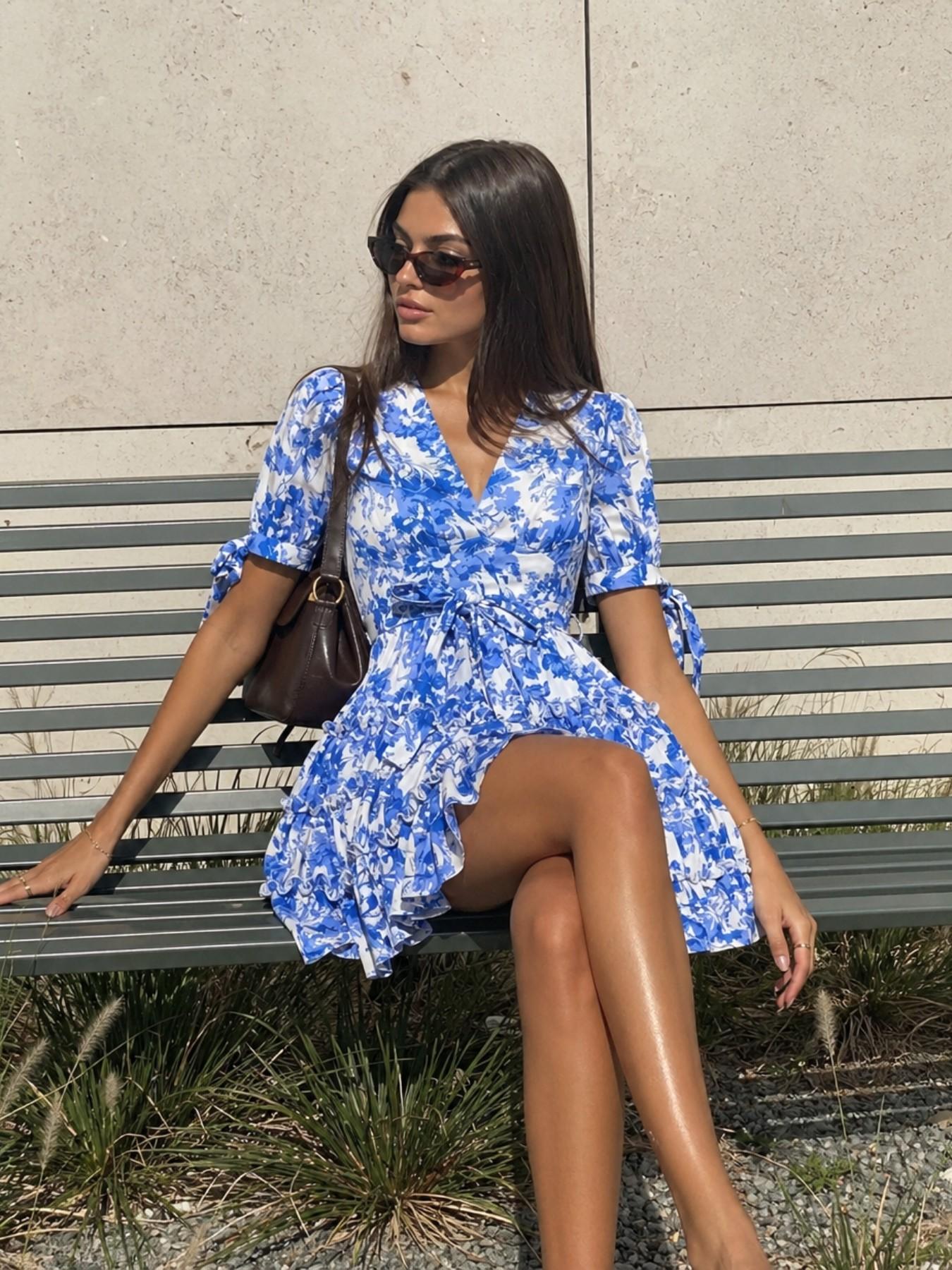 URBANREVERSE Mini Dress Floral Dress Women Summer Dress V Neck Dress Ruffle Dress Short Dress Puff Sleeve Dress Chic Cute Outfit Casual Elegant Style Fashion Trend Spring Summer Made in Italy