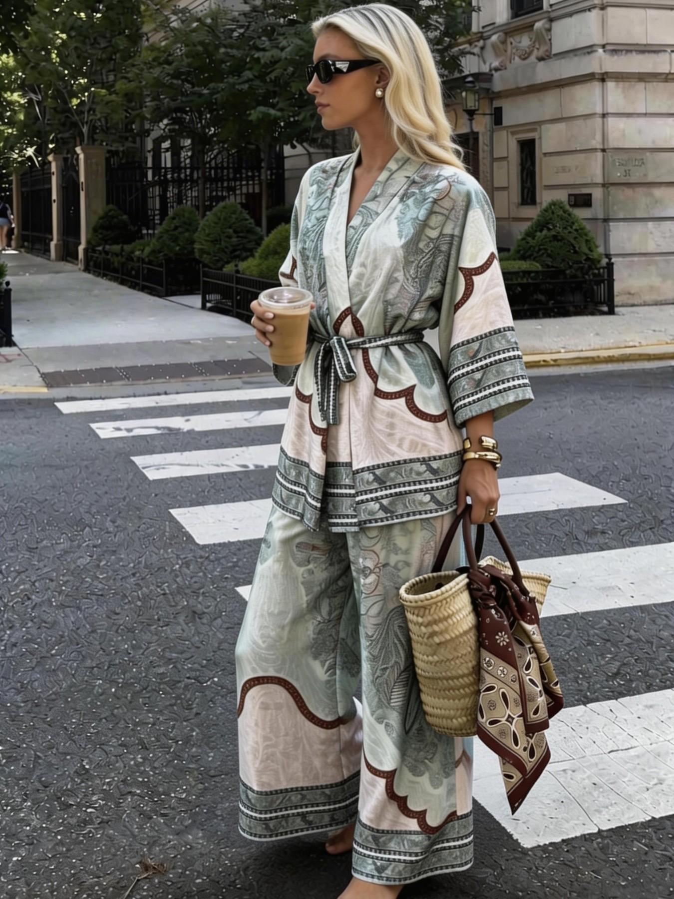 URBANREVERSE Boho Kimono Set Kimono Jacket Wide Leg Pants Two Piece Coordinated Women Boho Resort Chic Matching Set Summer Look Holiday Outfit Elegant Casual Luxury Street Style Italian Style premium look relaxed fit Made in Italy