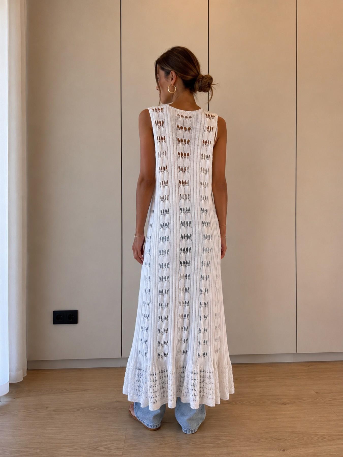 URBANREVERSE Women Crochet Knit Maxi Dress Sleeveless Long Beach Cover Up Boho Chic Summer Layering Piece Elegant Resort Wear Luxury Outfit Sheer Knit Button Front Coastal Style Handmade Look Made In Italy