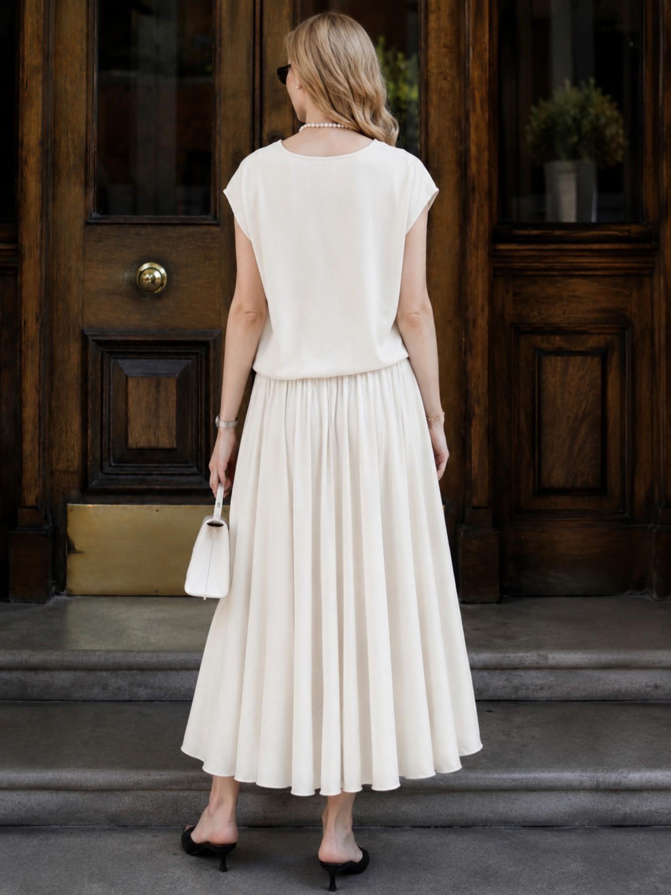 URBANREVERSE Women Viscose Co Ord Set Oversized V Neck Top and Flowing Maxi Pocket Skirt Two Piece Summer Outfit Elastic Waist Pocket Skirt Casual Elegant Holiday Dinner Party Guest Wear Made in Italy