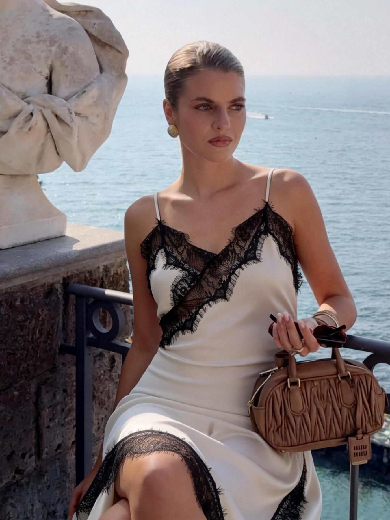 URBANREVERSE Lace Asymmetric Slip Dress Women Satin Night Dress Spaghetti Strap Lace Trim Dress Elegant Sexy Lingerie Style Mini Dress Party Club Outfit Chic Soft Fabric Summer Dress Made in Italy