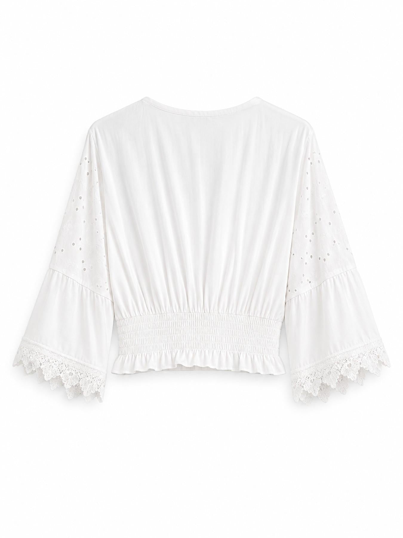 URBANREVERSE Women's White Broderie Anglaise Crop Blouse V Neck Embroidered Top Boho Summer Shirt Elastic Waist Lace Sleeve Beach Cover Up Made in Italy