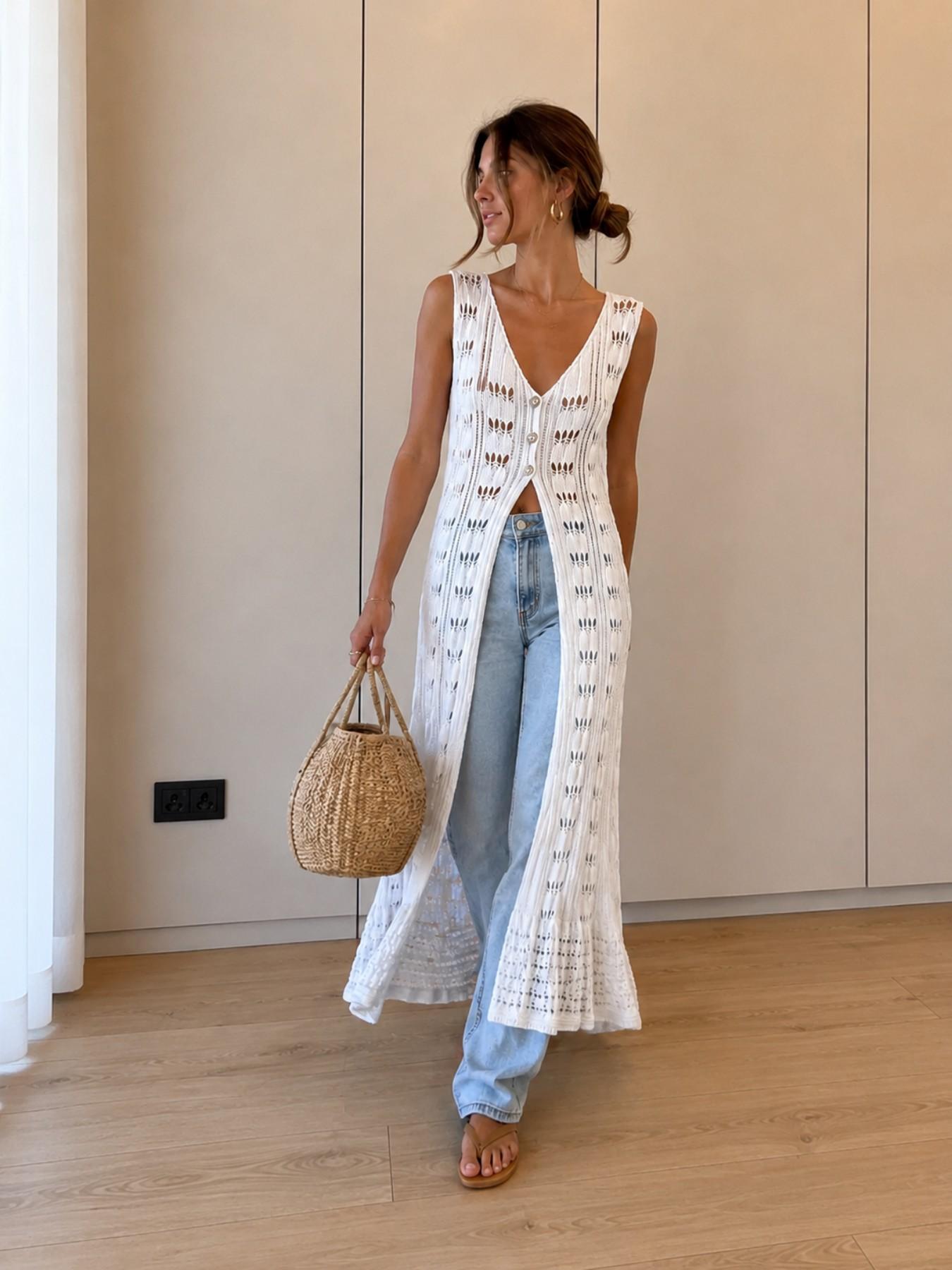 URBANREVERSE Women Crochet Knit Maxi Dress Sleeveless Long Beach Cover Up Boho Chic Summer Layering Piece Elegant Resort Wear Luxury Outfit Sheer Knit Button Front Coastal Style Handmade Look Made In Italy