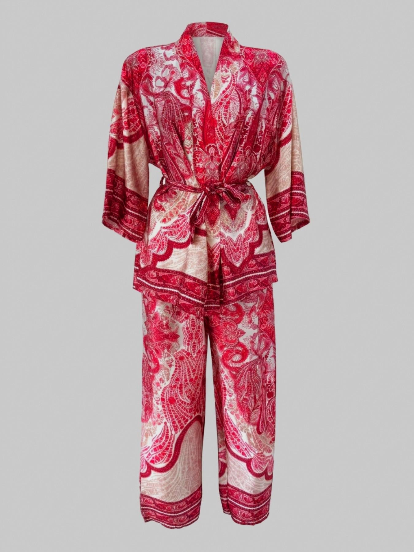 URBANREVERSE Boho Kimono Set Kimono Jacket Wide Leg Pants Two Piece Coordinated Women Boho Resort Chic Matching Set Summer Look Holiday Outfit Elegant Casual Luxury Street Style Italian Style premium look relaxed fit Made in Italy
