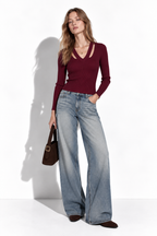 Maglia a Costine con Scollo a V e Maniche Lunghe | Stile Casual