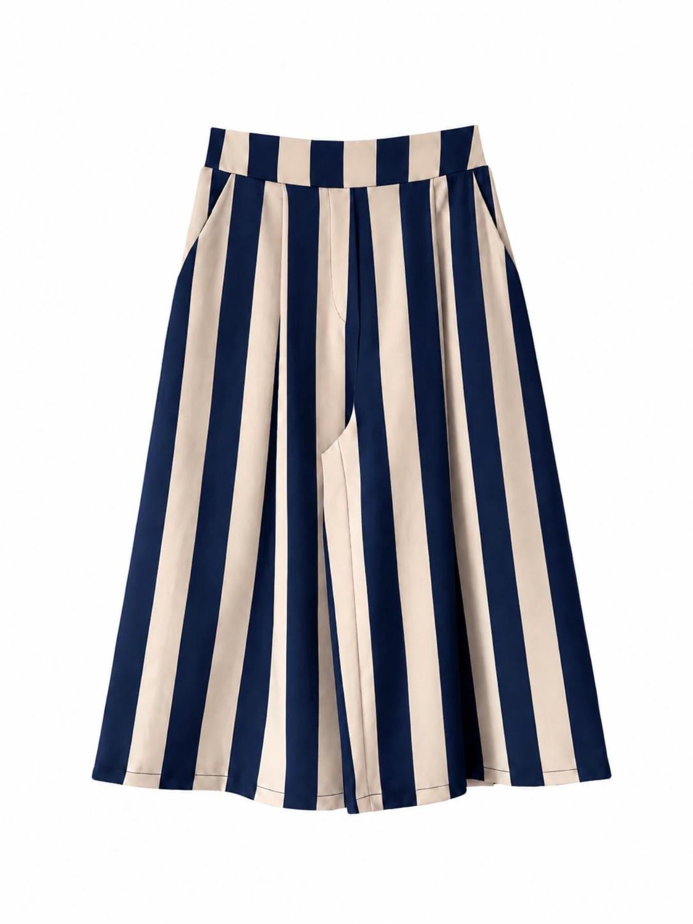 URBANREVERSE Women's Striped Wide Leg Pants, High Waist Nine Inch Pants, Loose Fit Slimming Wide Leg Skirt Pants, Elastic Waist Casual Fashion Summer Wear, Made in Italy