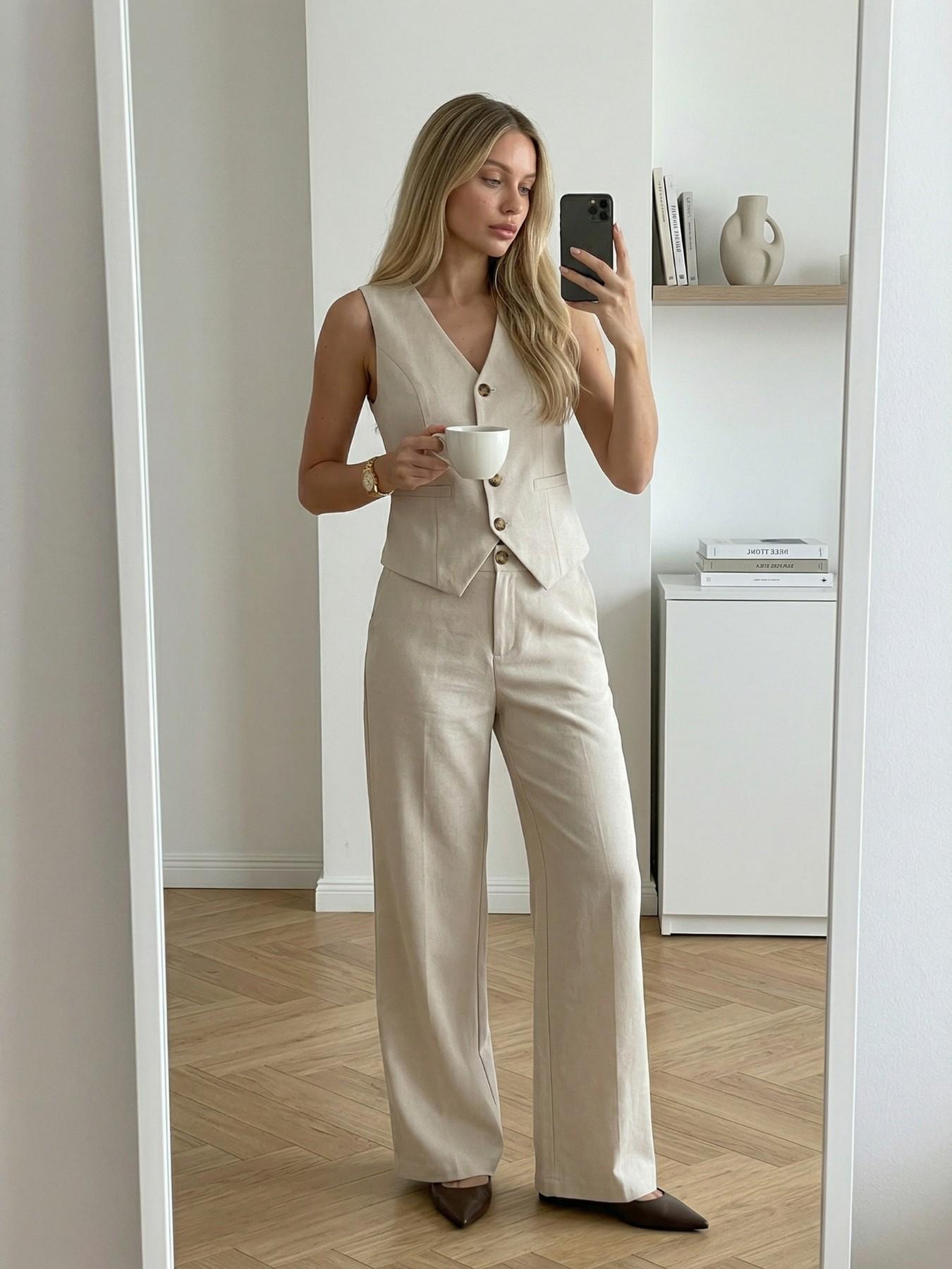 URBANREVERSE Coordinated Gilet Pants Vest Waistcoat Trousers Set Women Two Piece Set Sleeveless Blazer High Waist Wide Leg Pants Tailored Suit Elegant Office Outfit Chic Minimal Smart Casual Fashion Made in Italy