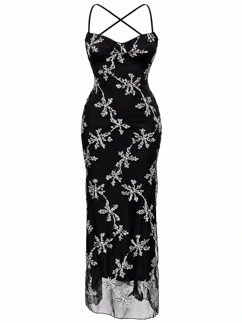 Abito Maxi in Tulle Ricamato con Spalline | Stile Elegante