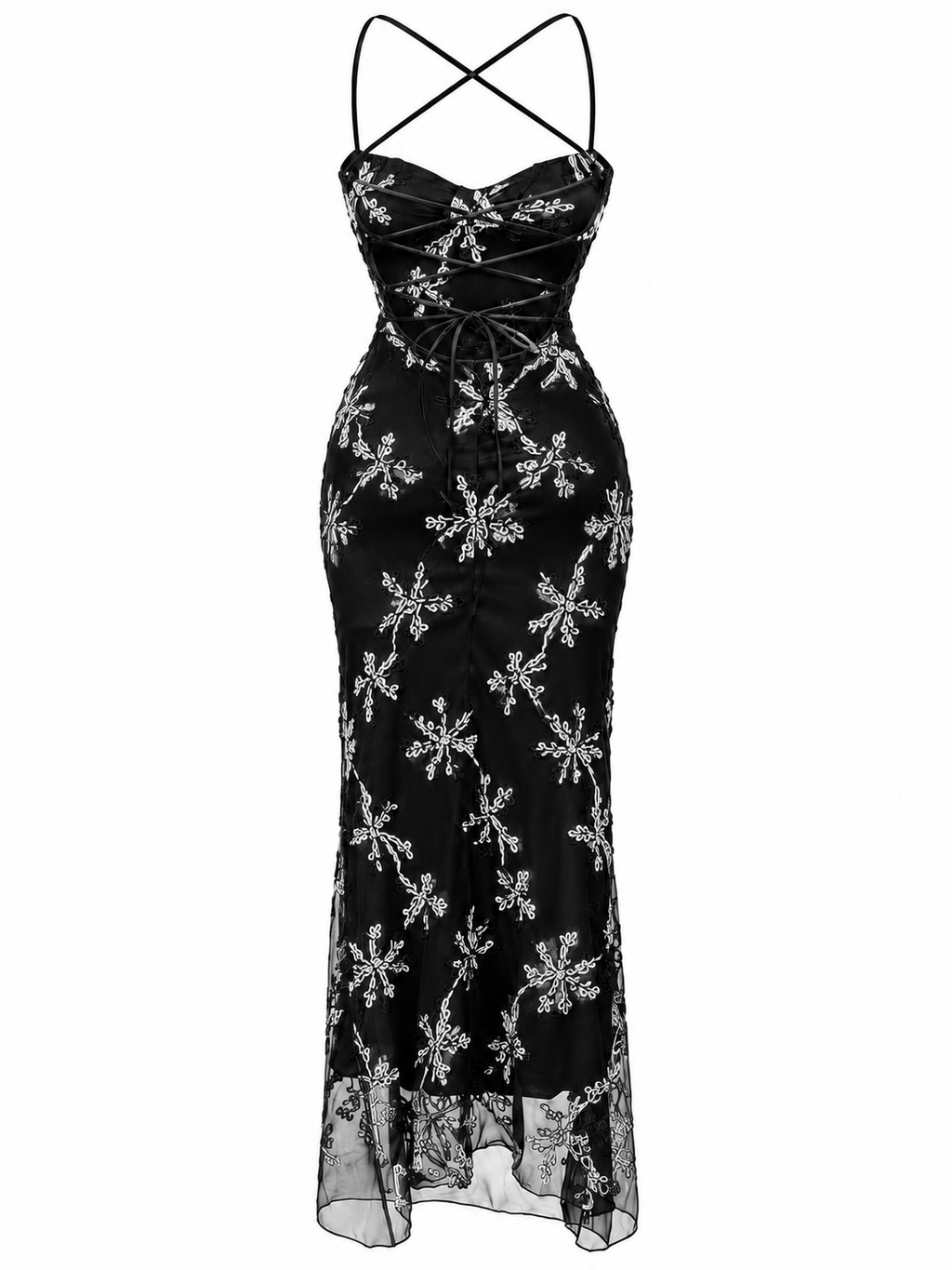 Abito Maxi in Tulle Ricamato con Spalline | Stile Elegante