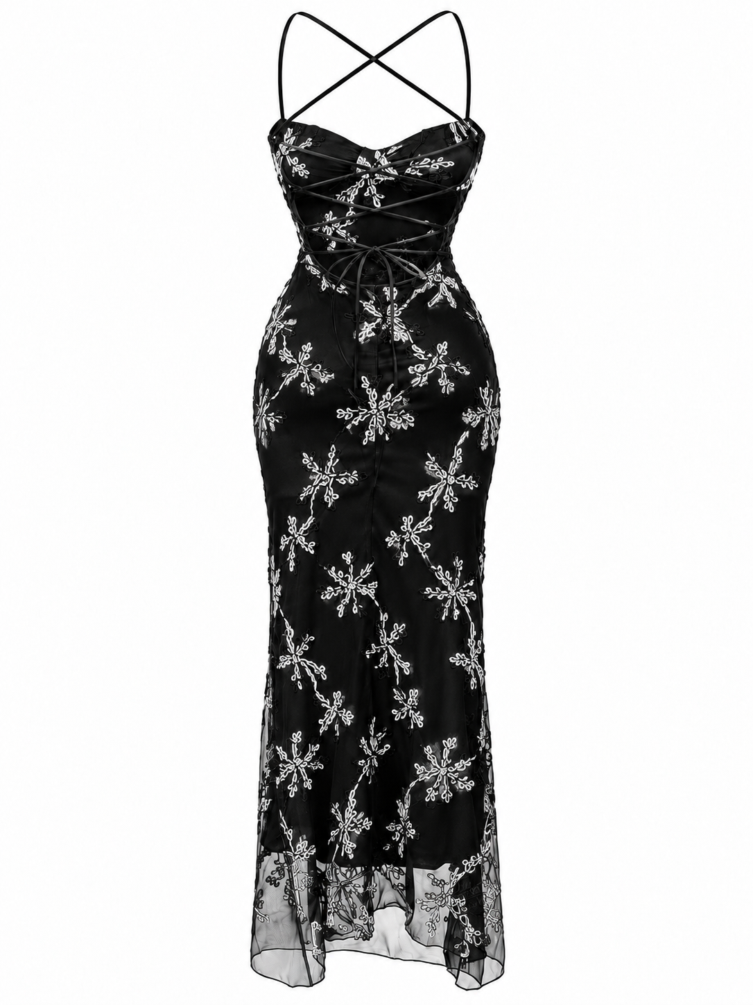 Abito Maxi in Tulle Ricamato con Spalline | Stile Elegante