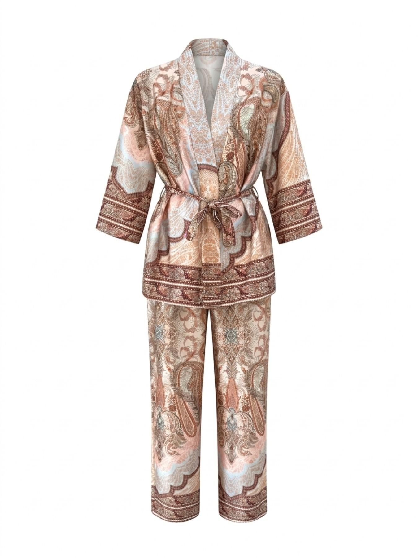 URBANREVERSE Boho Kimono Set Kimono Jacket Wide Leg Pants Two Piece Coordinated Women Boho Resort Chic Matching Set Summer Look Holiday Outfit Elegant Casual Luxury Street Style Italian Style premium look relaxed fit Made in Italy