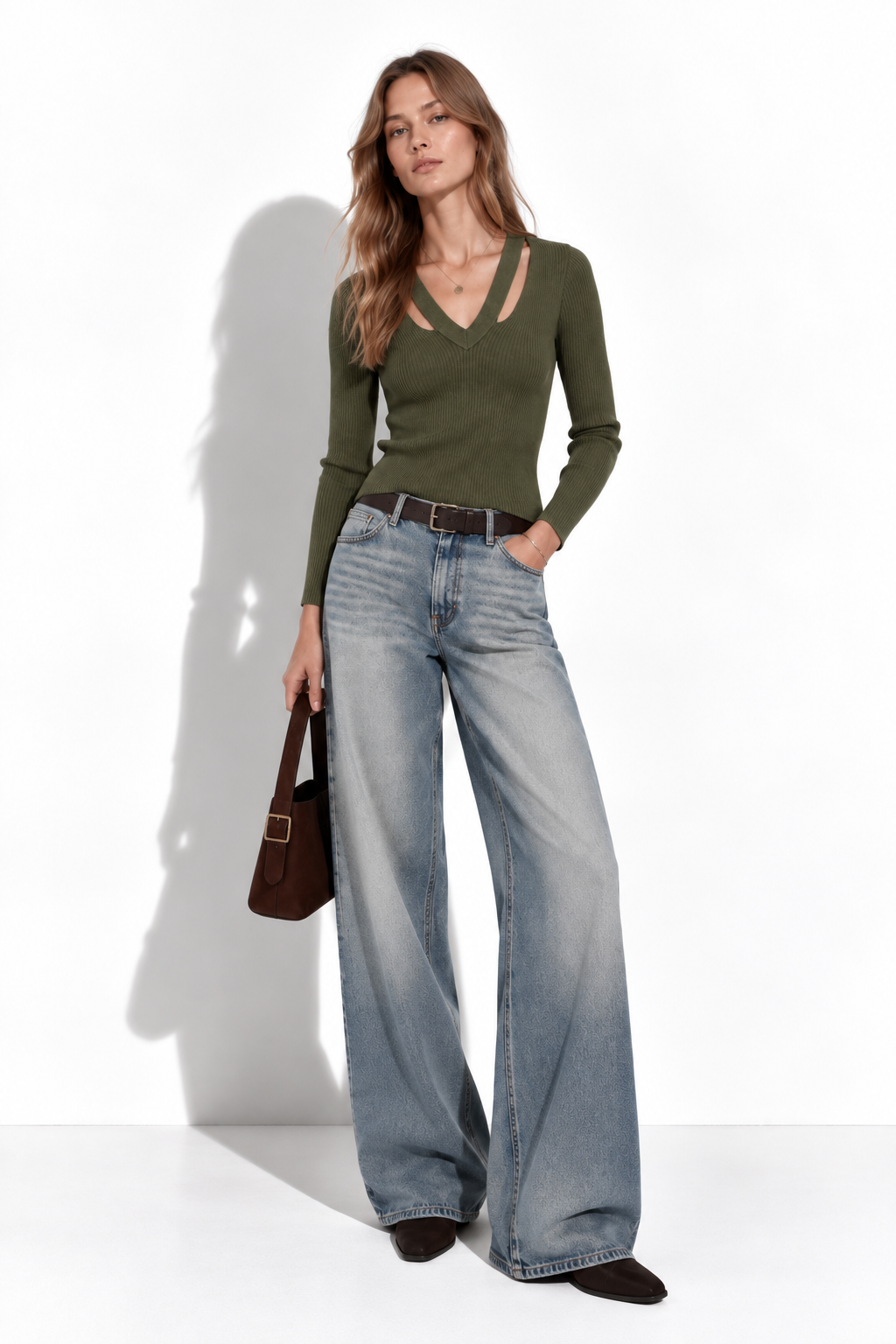 Maglia a Costine con Scollo a V e Maniche Lunghe | Stile Casual