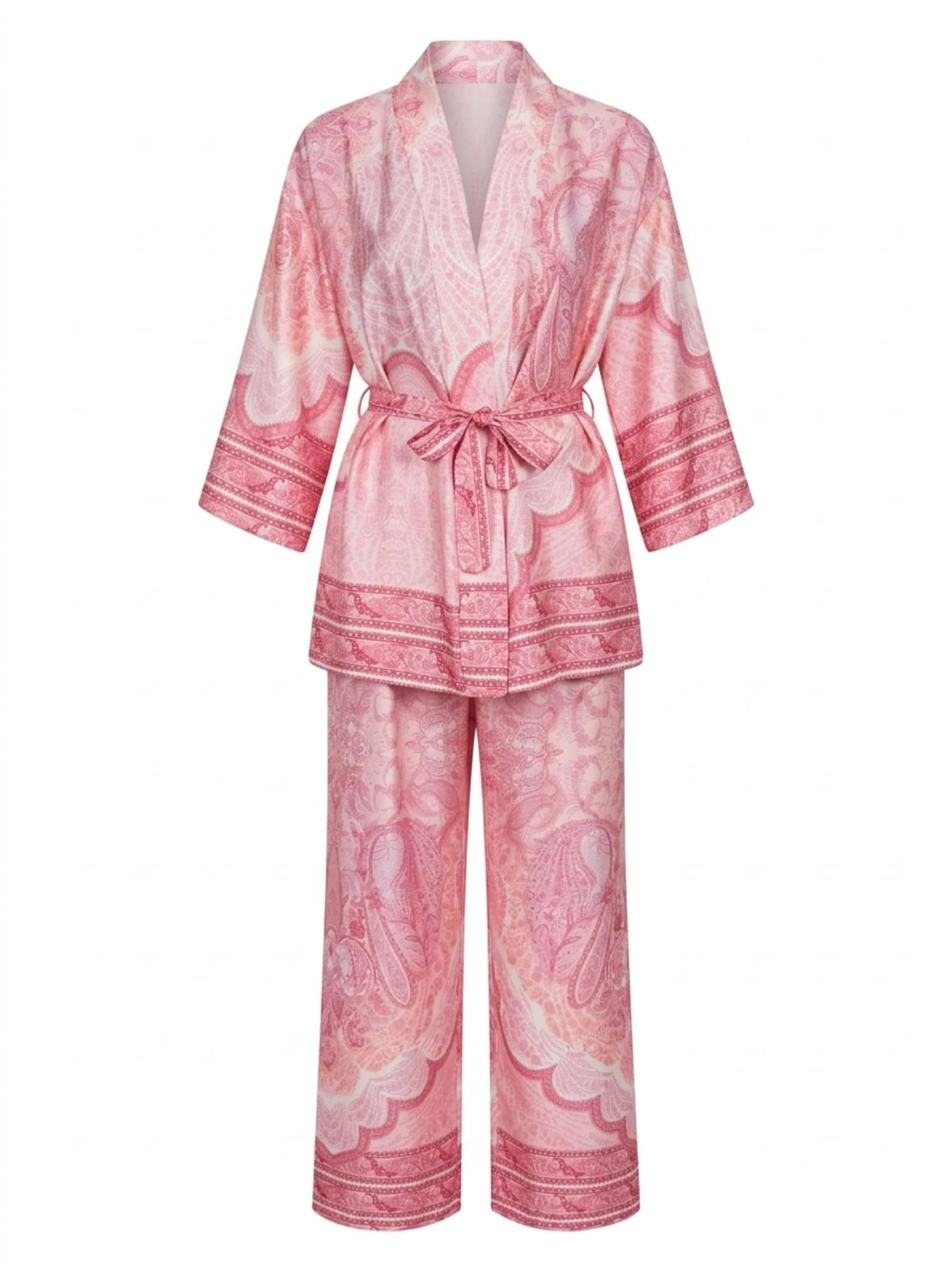 URBANREVERSE Boho Kimono Set Kimono Jacket Wide Leg Pants Two Piece Coordinated Women Boho Resort Chic Matching Set Summer Look Holiday Outfit Elegant Casual Luxury Street Style Italian Style premium look relaxed fit Made in Italy