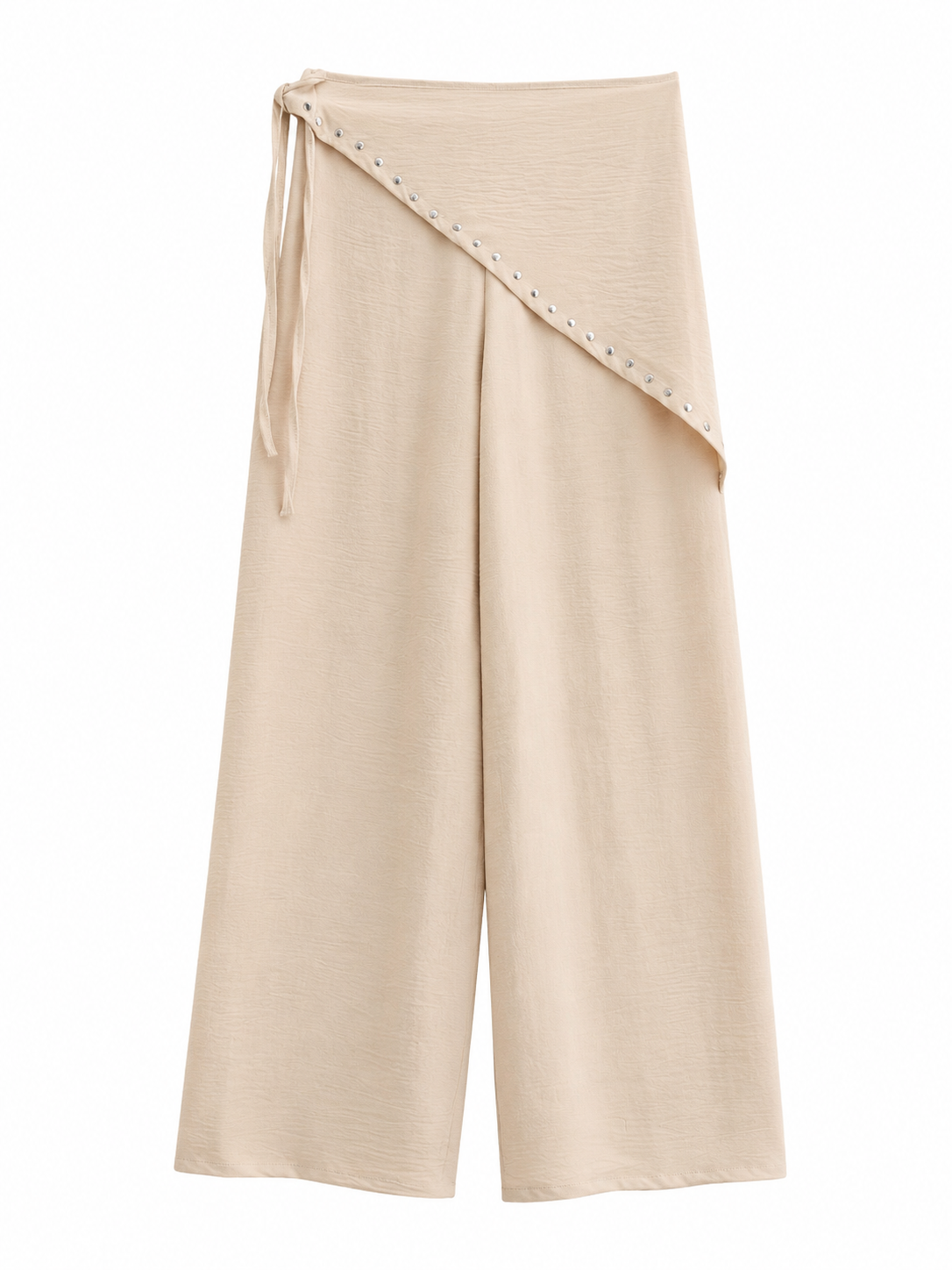 URBANREVERSE Women's Wrap Dress Effect Wide Leg Pants, Pearl Decoration Elastic Waist Casual Elegant Pants, Summer Wide Leg Pants, Italian Made