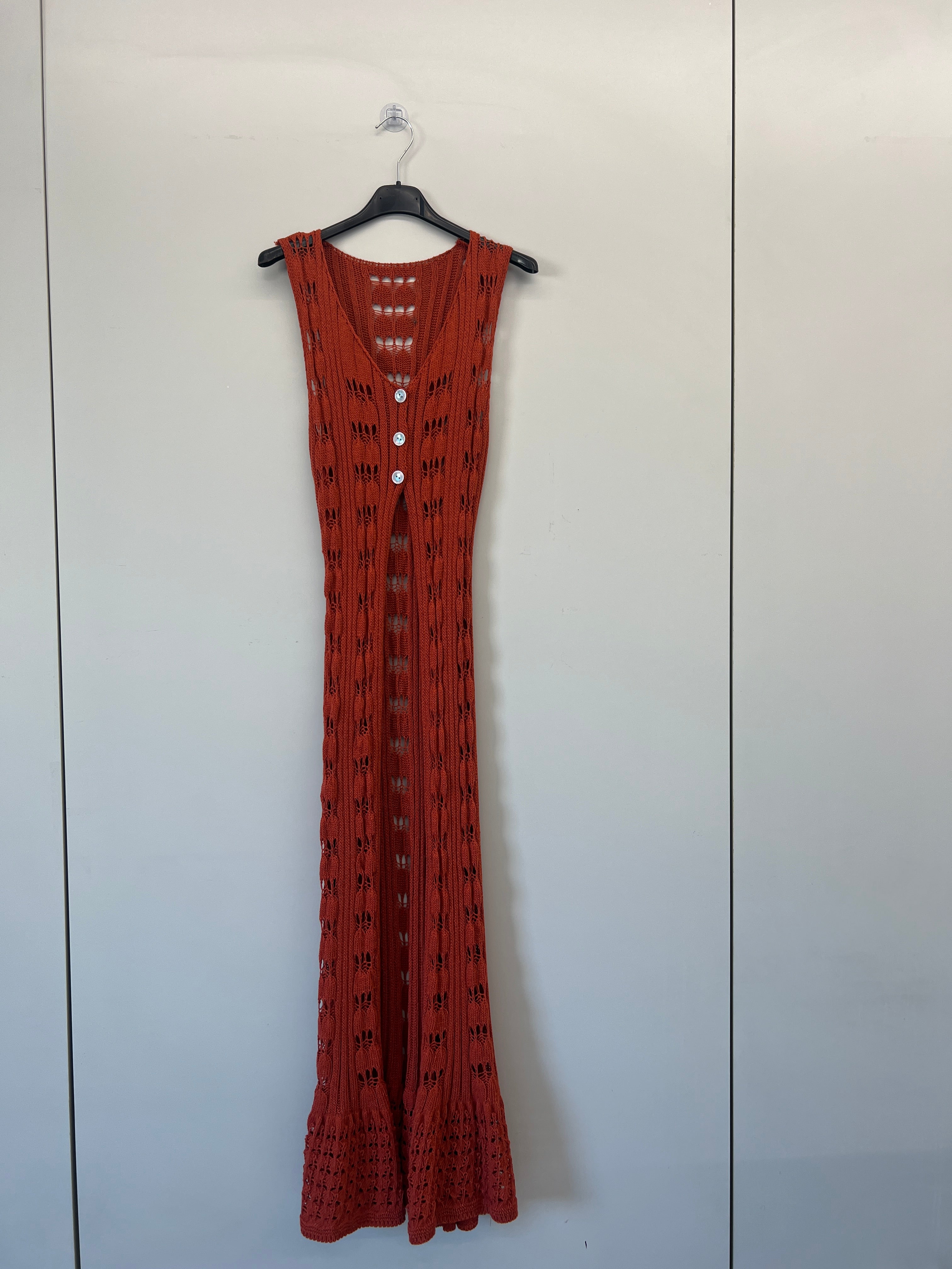 URBANREVERSE Women Crochet Knit Maxi Dress Sleeveless Long Beach Cover Up Boho Chic Summer Layering Piece Elegant Resort Wear Luxury Outfit Sheer Knit Button Front Coastal Style Handmade Look Made In Italy
