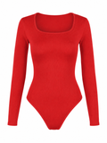 UC Women's White Ribbed Bodysuit Long Sleeve Square Neck Stretch Slim Fit Basic Body Top Soft Everyday Essential