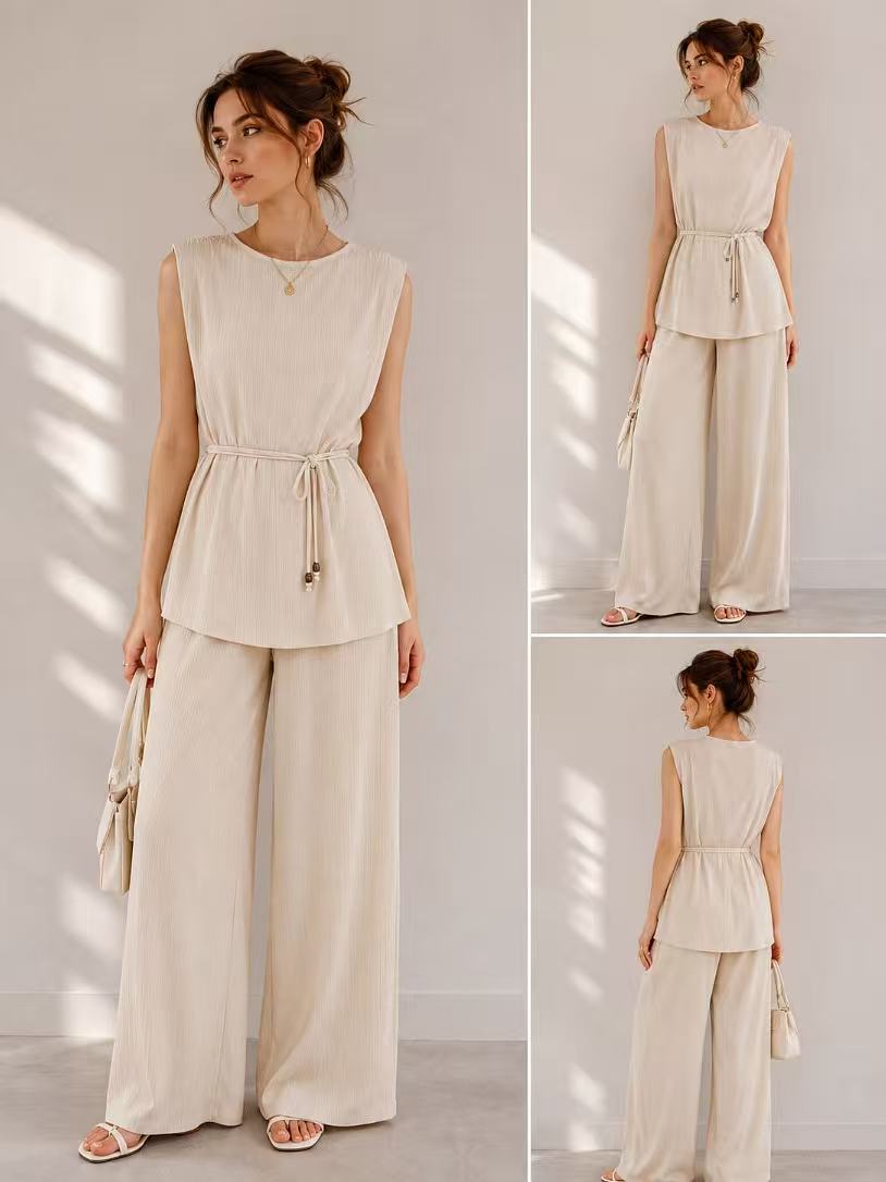 URBANREVERSE Women's Sleeveless Top and Wide Leg Pants Set Elastic Comfort Relaxed Fit Minimalist Luxury Casual Chic Summer Outfit Soft Stretch Co Ord Elegant Everyday Fashion Travel Lounge Modern Streetwear Breathable Lightweight Flowy Silhouette