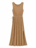 URBANREVERSE Women's Caramel Sleeveless Knit Dress, Slim Fit Stretch Rib A-Line Midi, Side Split Waist Design, Summer Elegant Casual Wear, Italian Made