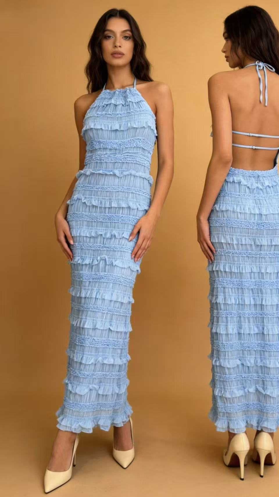 URBANREVERSE Maxi Dress Halter Dress Women Long Dress Backless Dress Ruffle Dress Bodycon Dress Elegant Dress Evening Dress Party Dress Summer Outfit Chic Style Fashion Trend Spring Summer Made in Italy