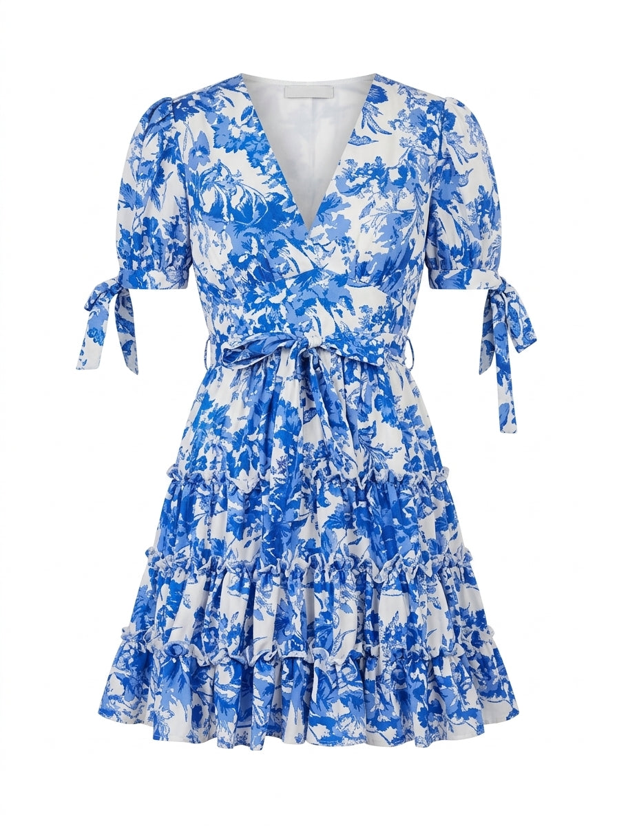 URBANREVERSE Mini Dress Floral Dress Women Summer Dress V Neck Dress Ruffle Dress Short Dress Puff Sleeve Dress Chic Cute Outfit Casual Elegant Style Fashion Trend Spring Summer Made in Italy