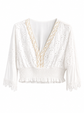 URBANREVERSE Women's White Broderie Anglaise Crop Blouse V Neck Embroidered Top Boho Summer Shirt Elastic Waist Lace Sleeve Beach Cover Up Made in Italy