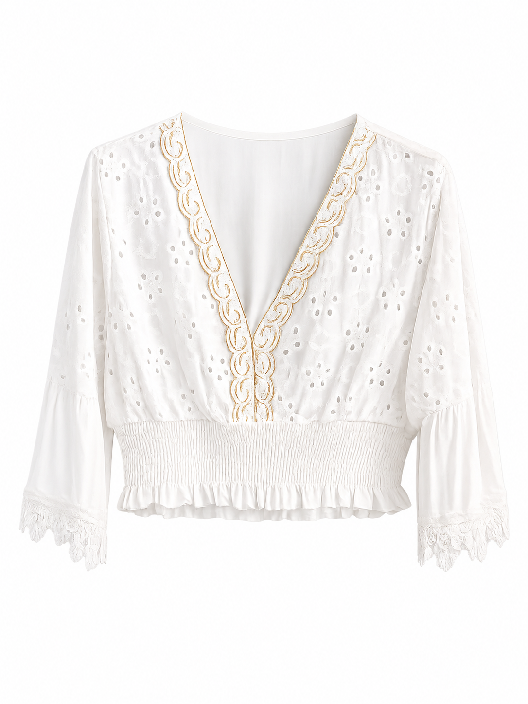 URBANREVERSE Women's White Broderie Anglaise Crop Blouse V Neck Embroidered Top Boho Summer Shirt Elastic Waist Lace Sleeve Beach Cover Up Made in Italy