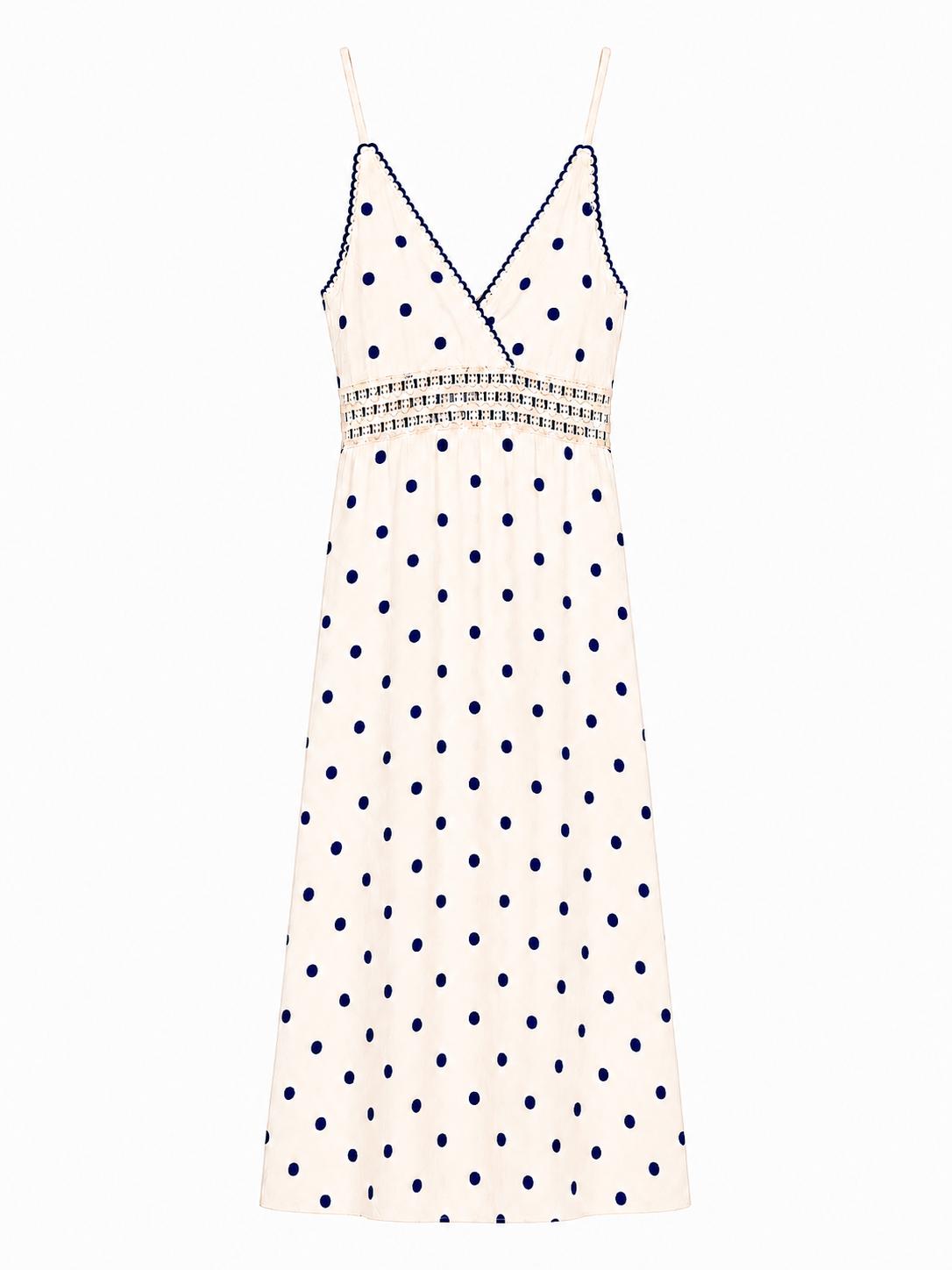 URBANREVERSE Women's Base Blue Polka Dot Strapless Long Dress, V-Neck Sleeveless Summer Vacation Dress, Elegant Lightweight Polka Dot Skirt