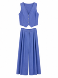 URBANREVERSE Women's Sleeveless Waistcoat and Wide Leg Trouser Co Ord Set Blue Linen Look Two Piece Outfit Tailored Vest Summer Matching Set Elegant Casual Holiday Office Wear Made in Italy