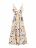 URBANREVERSE Women's Floral Embroidered Maxi Dress Beige and Blue Boho Summer Dress V Neck Spaghetti Strap Sleeveless Holiday Dress Bohemian Beach Dress
