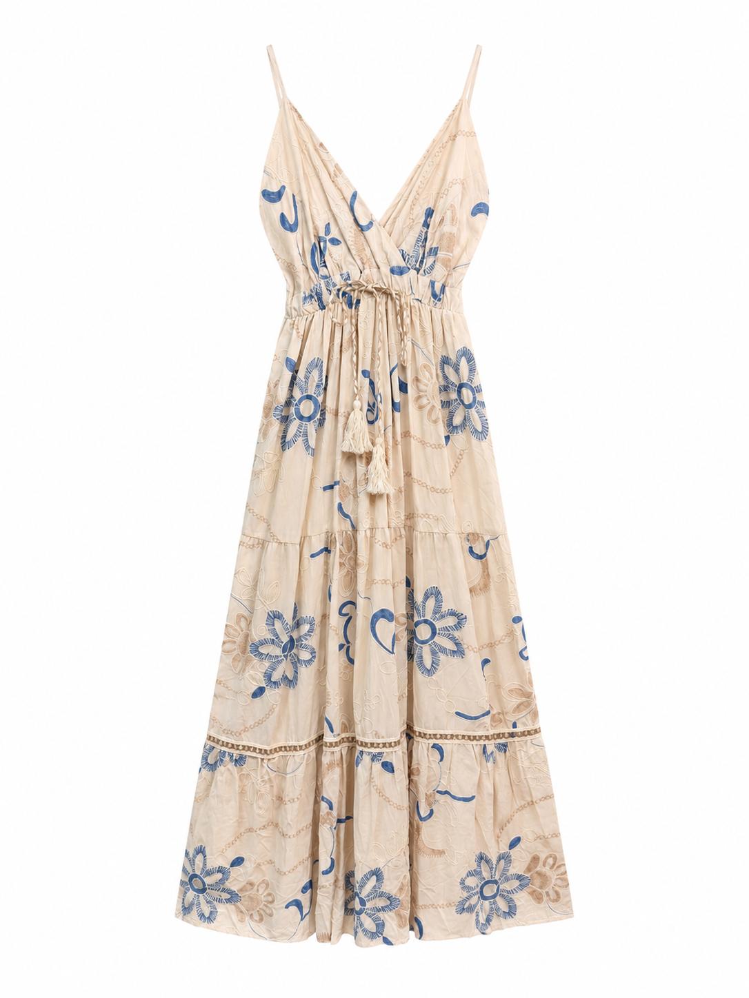 URBANREVERSE Women's Floral Embroidered Maxi Dress Beige and Blue Boho Summer Dress V Neck Spaghetti Strap Sleeveless Holiday Dress Bohemian Beach Dress