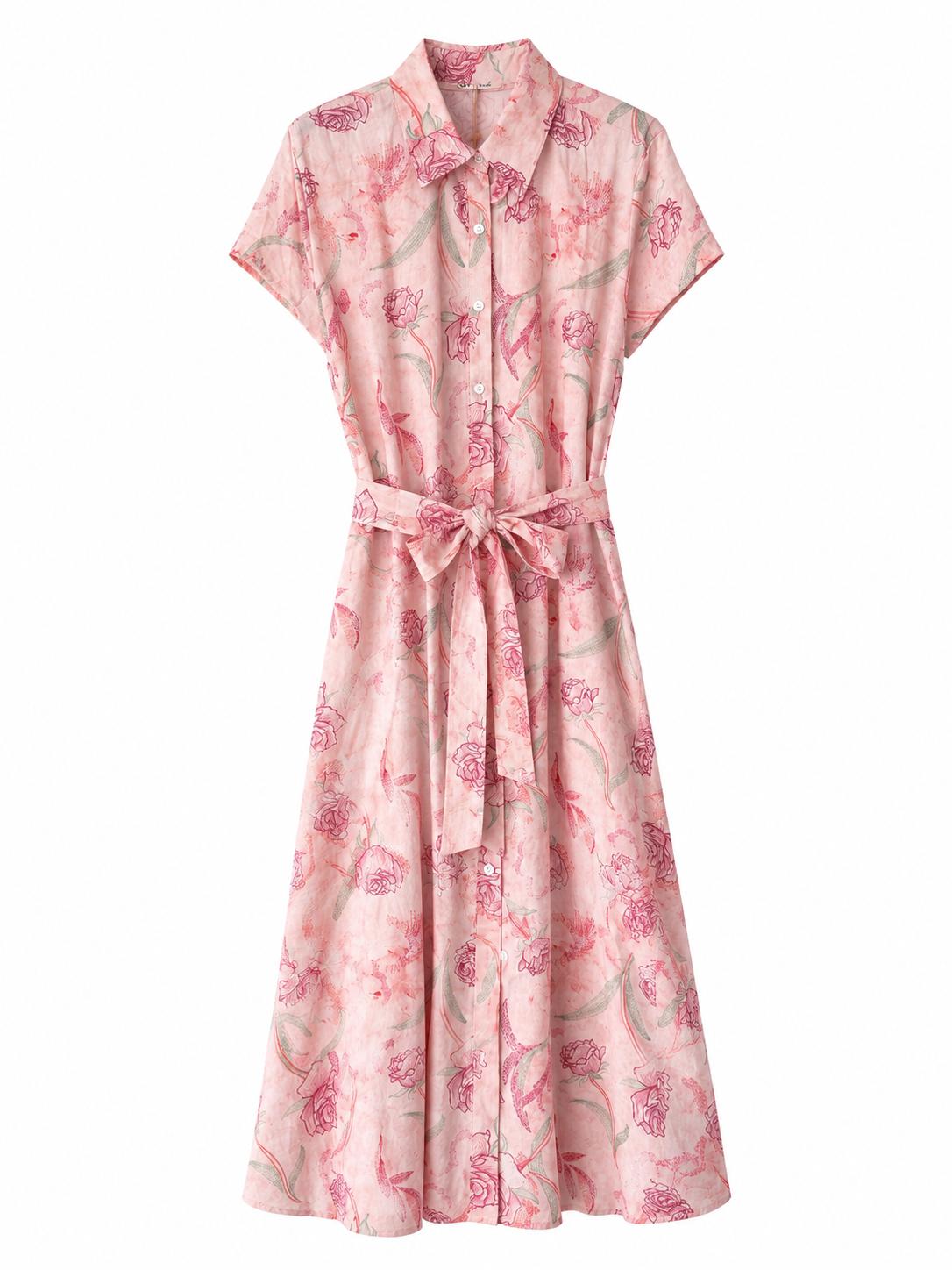 URBANREVERSE Women's Pink Floral Shirt Dress Midi Summer Dress Short Sleeve Button Front Dress Belted Casual Elegant Dress