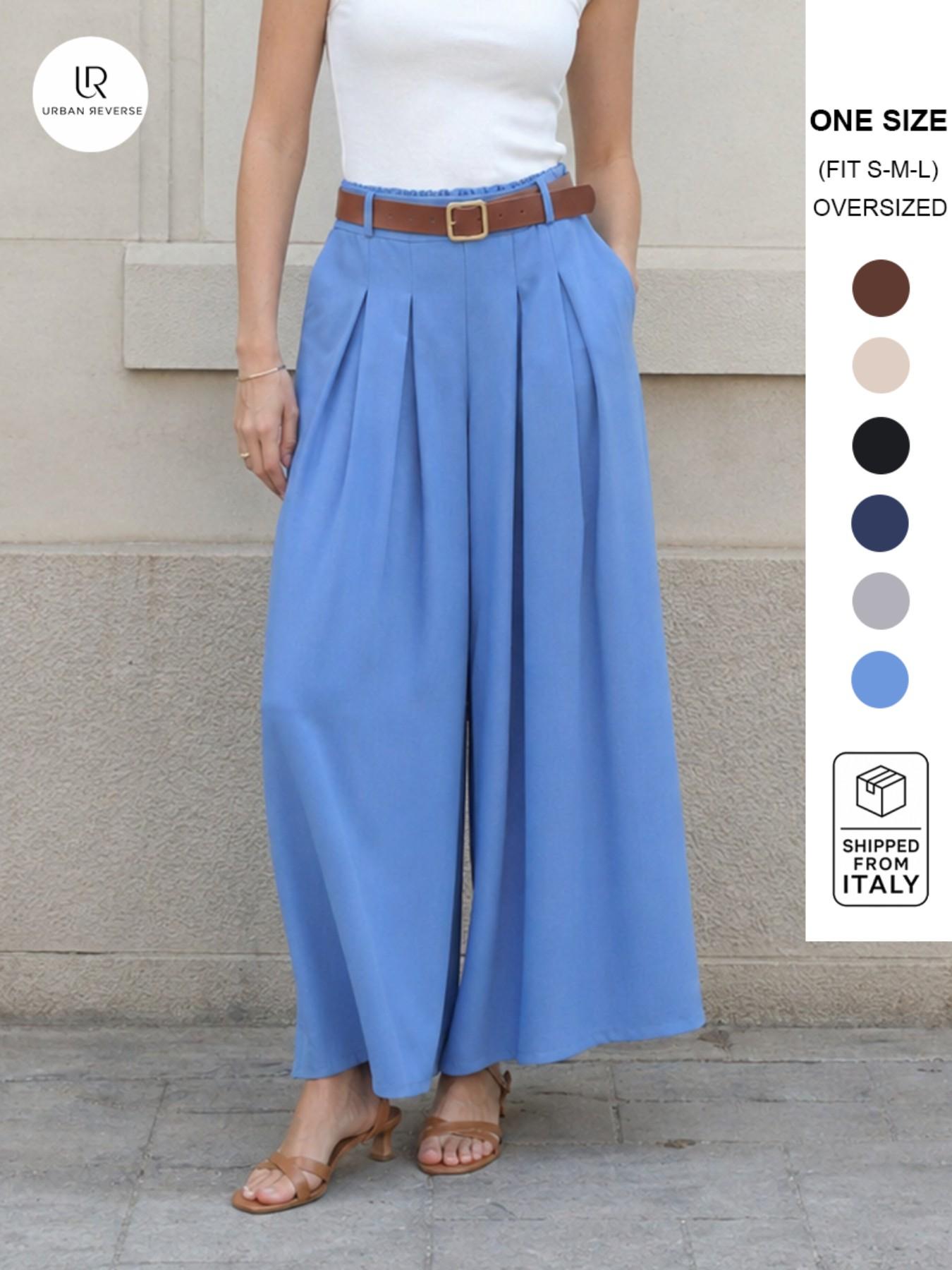 URBANREVERSE Pleated Palazzo Pants with Belt High Waist Wide Leg Flowy Elegant Trousers Chic Fashion Tchic Viral TikTok Outfit Old Money Style Quiet Luxury Minimal Chic Pinterest Outfit Clean Girl Aesthetic Trendy Women Fashion 2026 Made in Italy