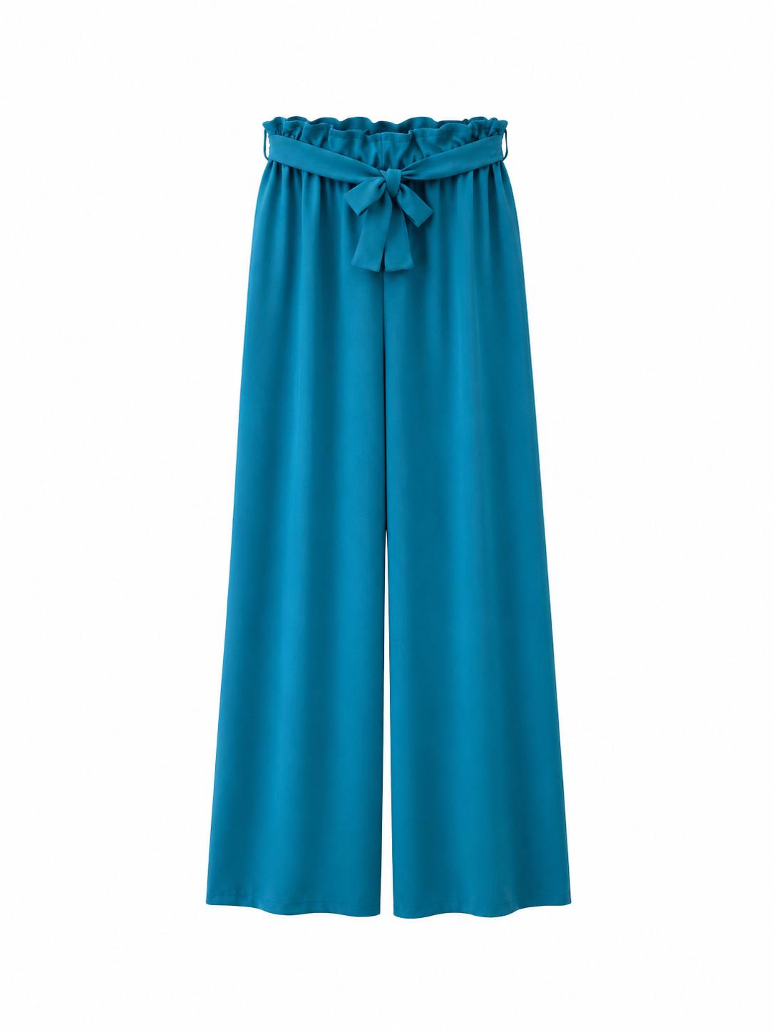 URBANREVERSE Women's High Waist Wide Leg Palazzo Trousers with Tie Belt Elasticated Waist Navy Blue Elegant Casual Pants Lightweight Flowing Summer Trousers Chic Office Holiday Travel Outfit Made in Italy