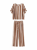 URBANREVERSE Women's Striped Co Ord Set Oversized Top and Wide Leg Trousers Brown White Stripe Summer Lounge Set Casual Relaxed Fit Two Piece Outfit with Drawstring Waist Made in Italy