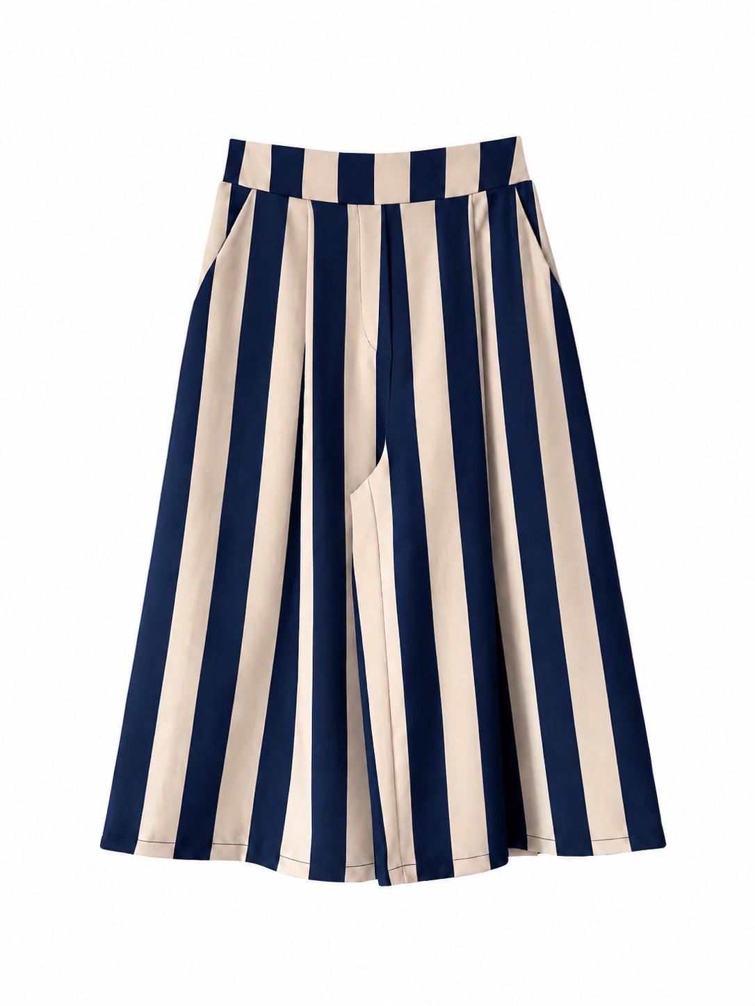 URBANREVERSE Women's Striped Wide Leg Pants, High Waist Nine Inch Pants, Loose Fit Slimming Wide Leg Skirt Pants, Elastic Waist Casual Fashion Summer Wear, Made in Italy