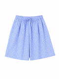 URBANREVERSE Women's Blue Gingham Bermuda Shorts Elastic Waist Wide Leg Shorts Casual Summer Checkered Shorts Lightweight Relaxed Fit Made in Italy