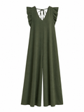URBANREVERSE Women's Military Wide Leg Romper, V-Neck Sleeveless Ruffle Shoulder Design, Loose Fit Slimming Summer Romper, Comfortable and Stylish