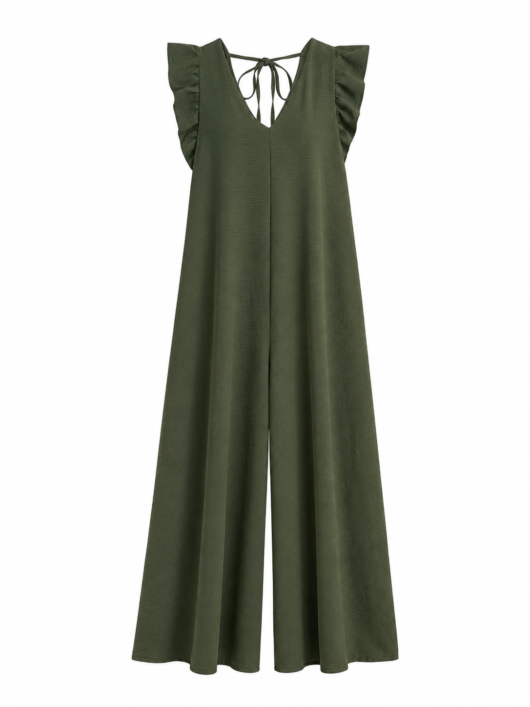 URBANREVERSE Women's Military Wide Leg Romper, V-Neck Sleeveless Ruffle Shoulder Design, Loose Fit Slimming Summer Romper, Comfortable and Stylish