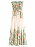 URBANREVERSE Women's Floral Strapless Maxi Dress Cotton Smocked Bandeau Summer Boho Dress Green Orange Pink Botanical Print Beach Holiday Outfit Resort Vacation Dress Garden Party Sundress Casual Elegant Travel Wear Made in Italy
