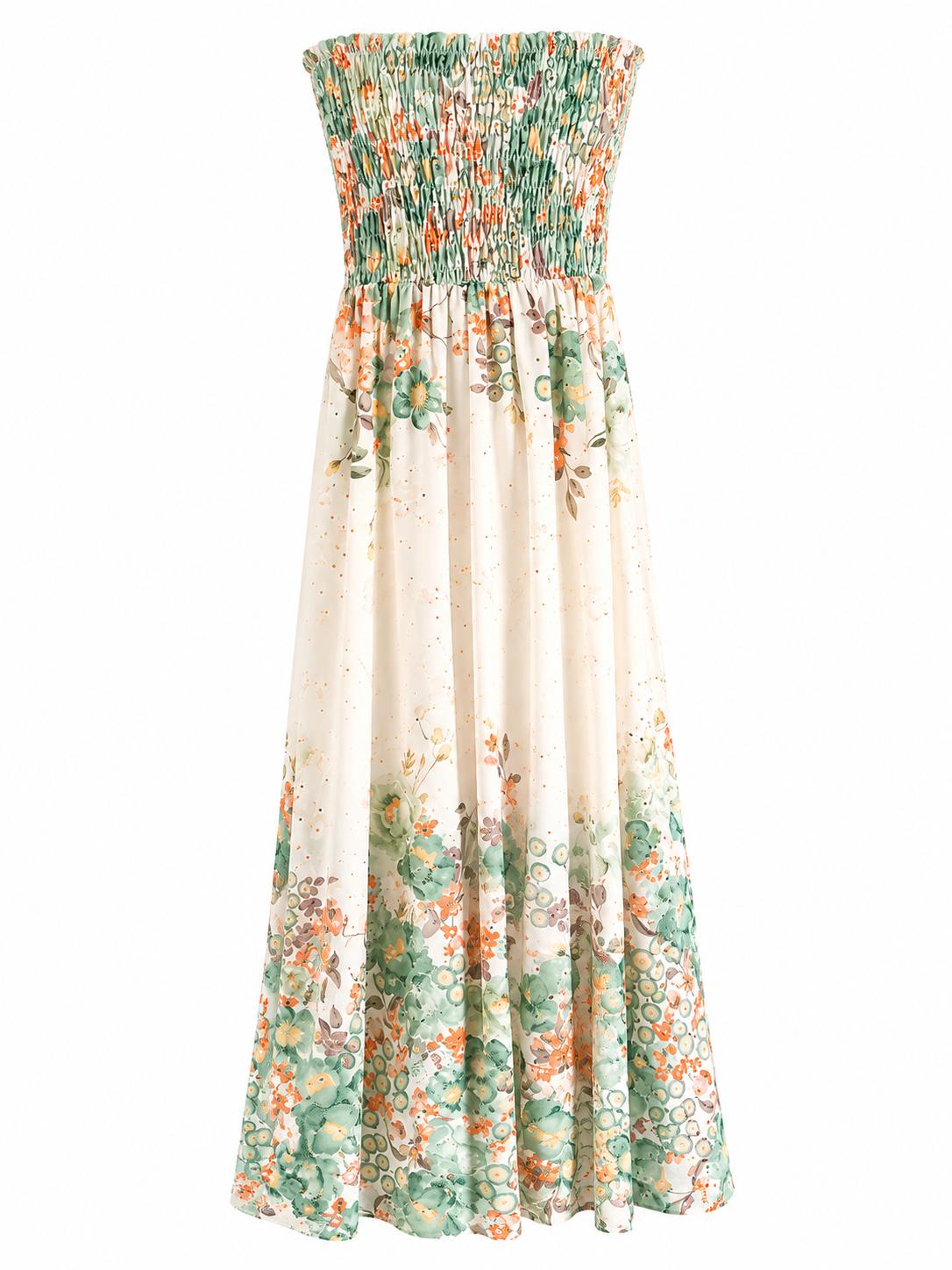 URBANREVERSE Women's Floral Strapless Maxi Dress Cotton Smocked Bandeau Summer Boho Dress Green Orange Pink Botanical Print Beach Holiday Outfit Resort Vacation Dress Garden Party Sundress Casual Elegant Travel Wear Made in Italy