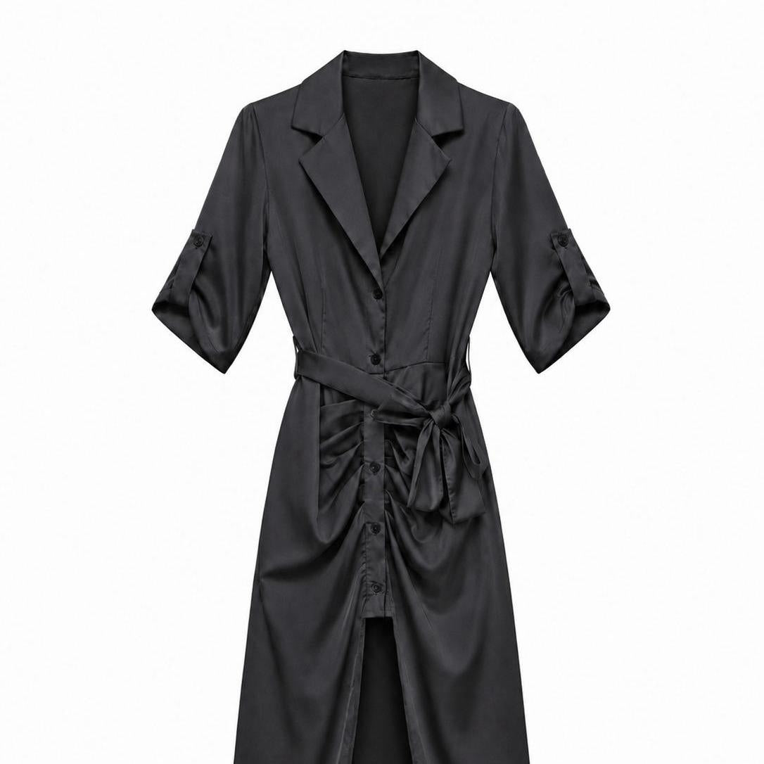 URBANREVERSE Women Satin Shirt Dress Midi Wrap Style Dress Belted Waist Button Front Elegant Occasion Dress Half Sleeve Tailored Dress Office Party Wedding Guest Outfit Made in Italy