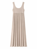 URBANREVERSE FLOFFY Women Sleeveless Maxi Dress Beige Flowy A Line Sundress Soft Stretch Jersey Long Dress Relaxed Fit Double Texture Mix Summer Holiday Beach Dress Casual Elegant Comfortable Made in Italy