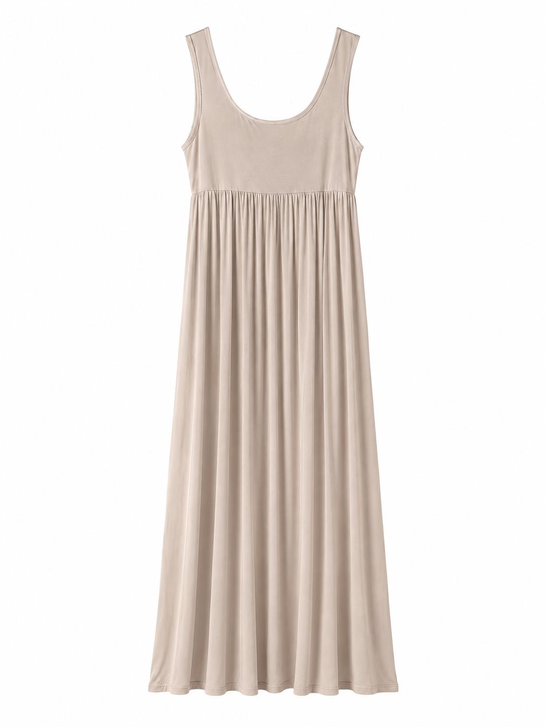 URBANREVERSE FLOFFY Women Sleeveless Maxi Dress Beige Flowy A Line Sundress Soft Stretch Jersey Long Dress Relaxed Fit Double Texture Mix Summer Holiday Beach Dress Casual Elegant Comfortable Made in Italy