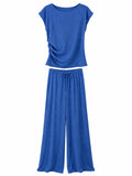 URBANREVERSE Women Crinkle Textured Co Ord Set Ruched Short Sleeve Top and Wide Leg Trousers Soft Stretch Two Piece Outfit Elastic Waist Drawstring Lounge Wear Holiday Travel Set Made in Italy